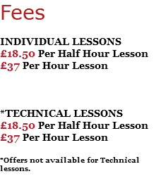 Fees INDIVIDUAL LESSONS £18.50 Per Half Hour Lesson £37 Per Hour Lesson *TECHNICAL LESSONS £18.50 Per Half Hour Lesson £37 Per Hour Lesson *Offers not available for Technical lessons.